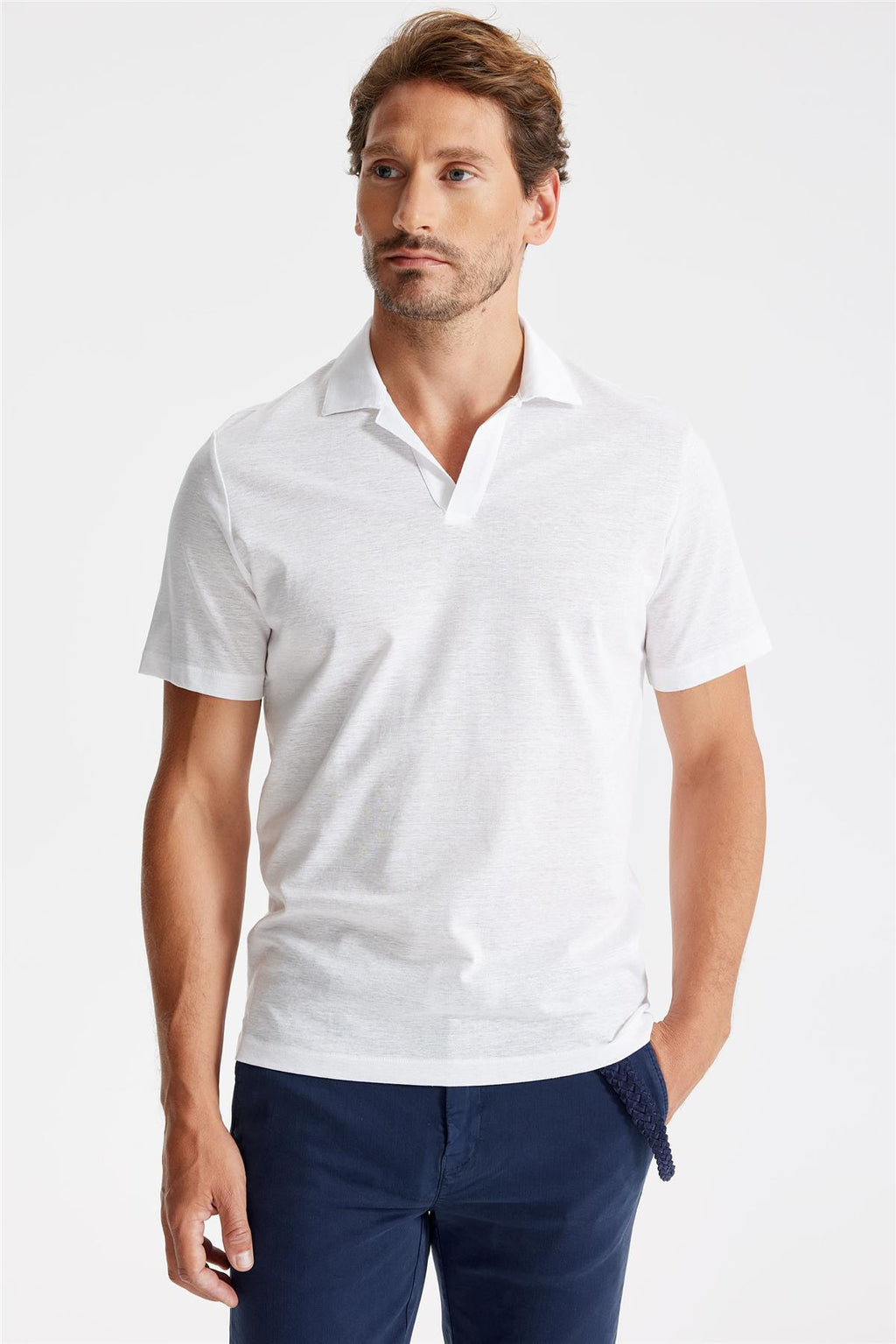 Beyaz Pamuk Keten Polo Yaka T-Shirt - 2