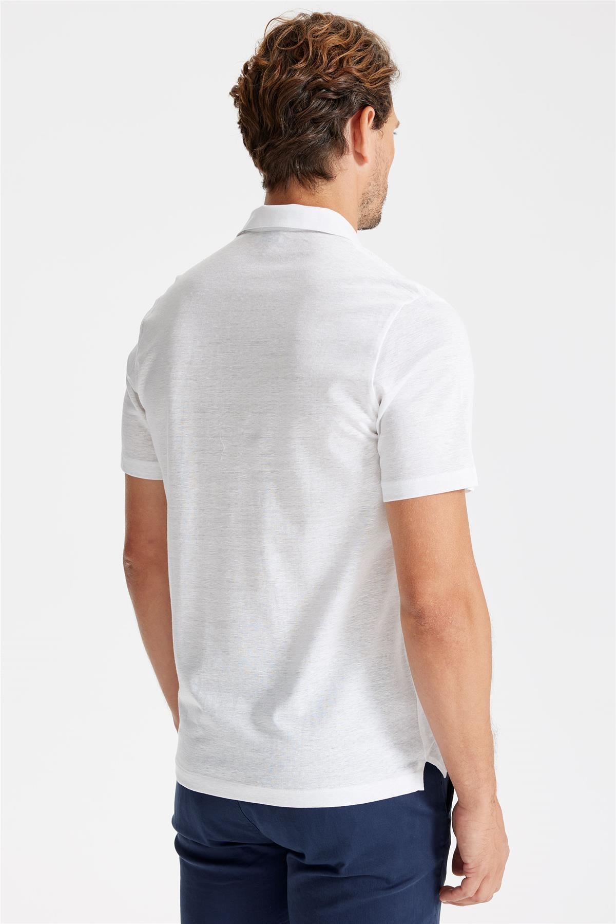 Beyaz Pamuk Keten Polo Yaka T-Shirt - 6