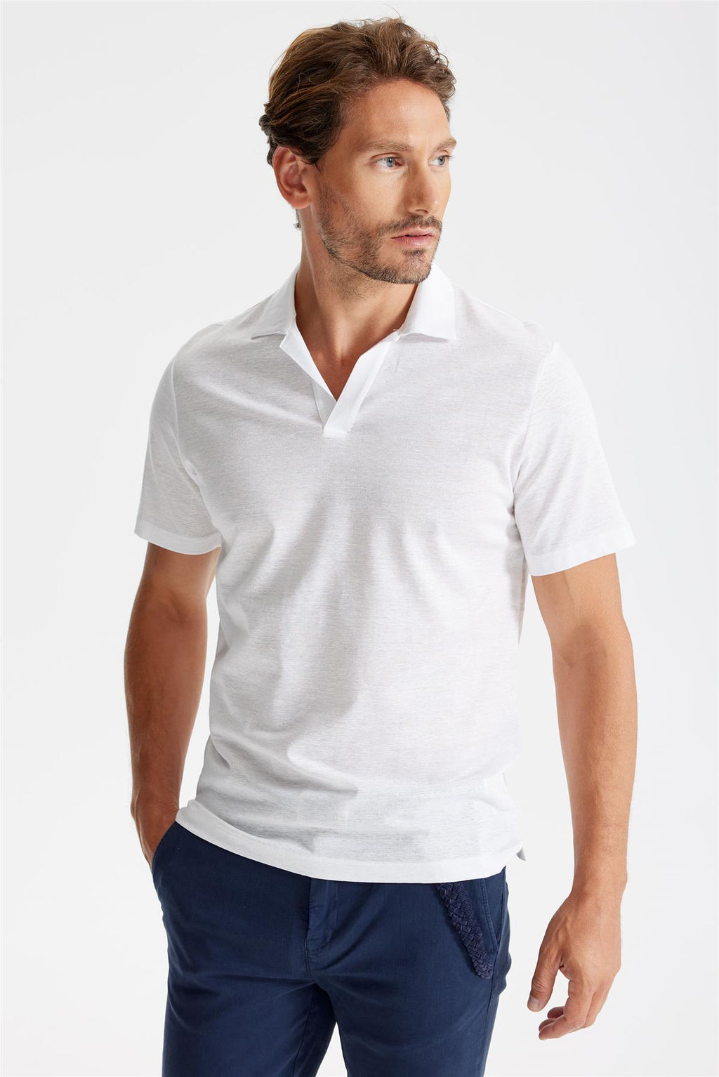 Beyaz Pamuk Keten Polo Yaka T-Shirt - 4