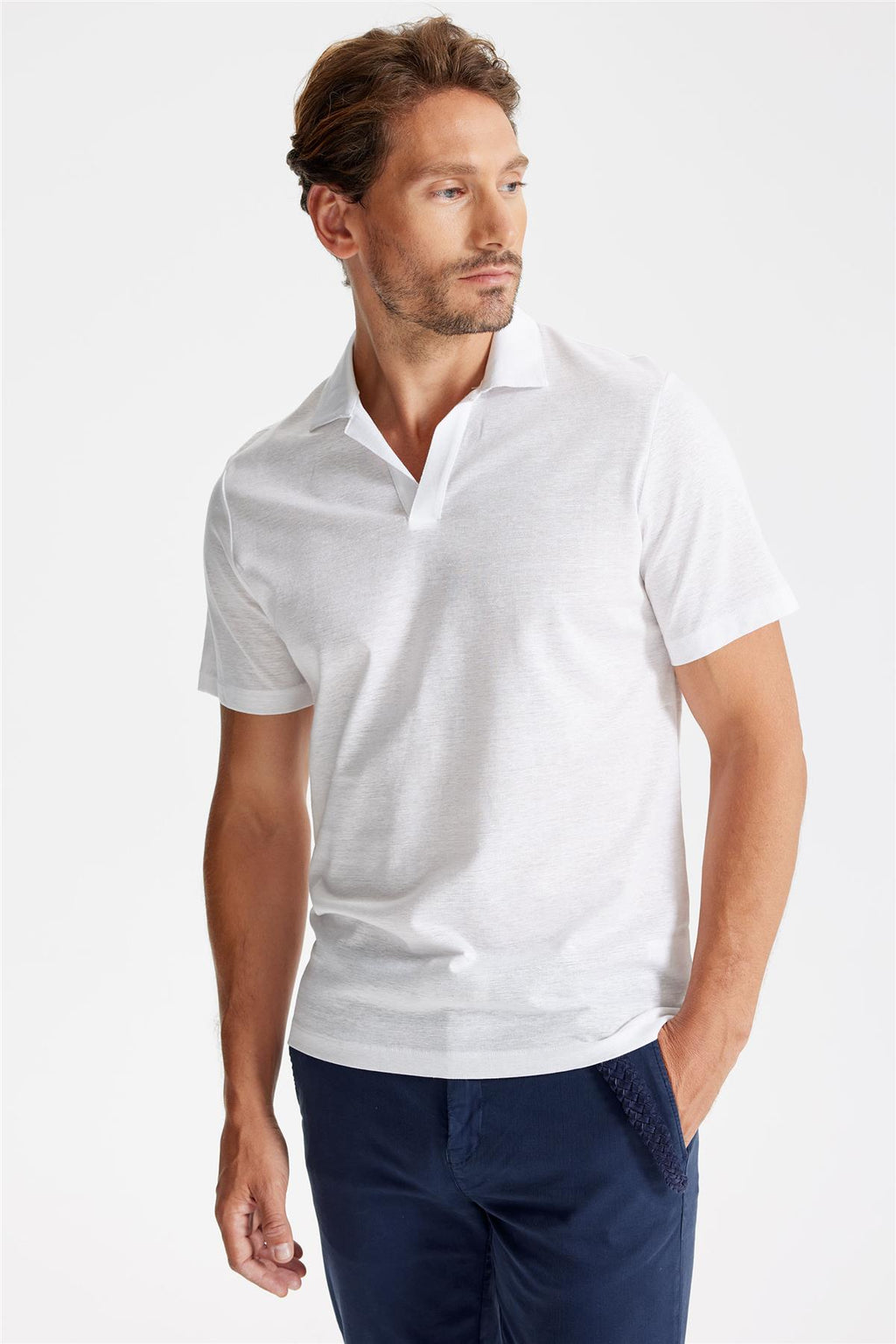 Beyaz Pamuk Keten Polo Yaka T-Shirt - 3