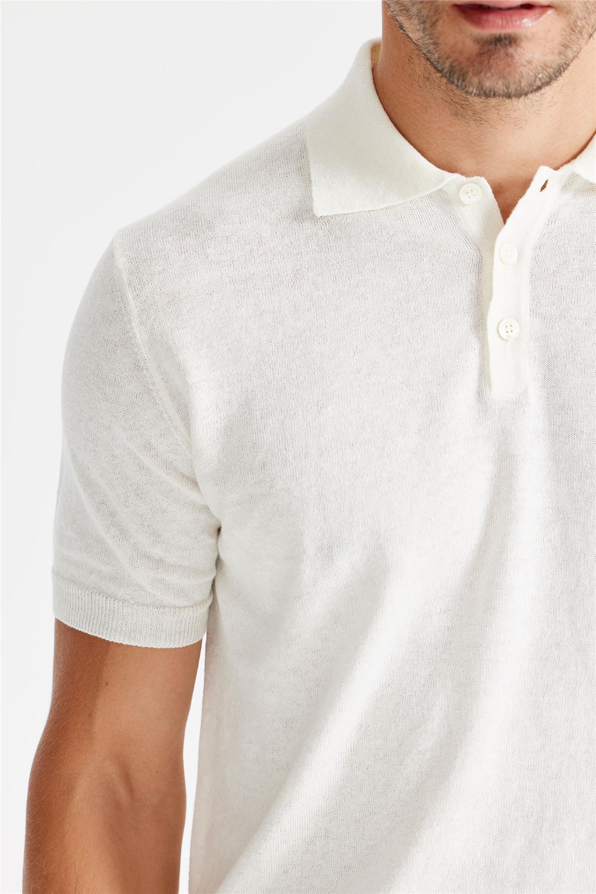 Beyaz Polo Yaka Pamuk Keten Triko - Image 3