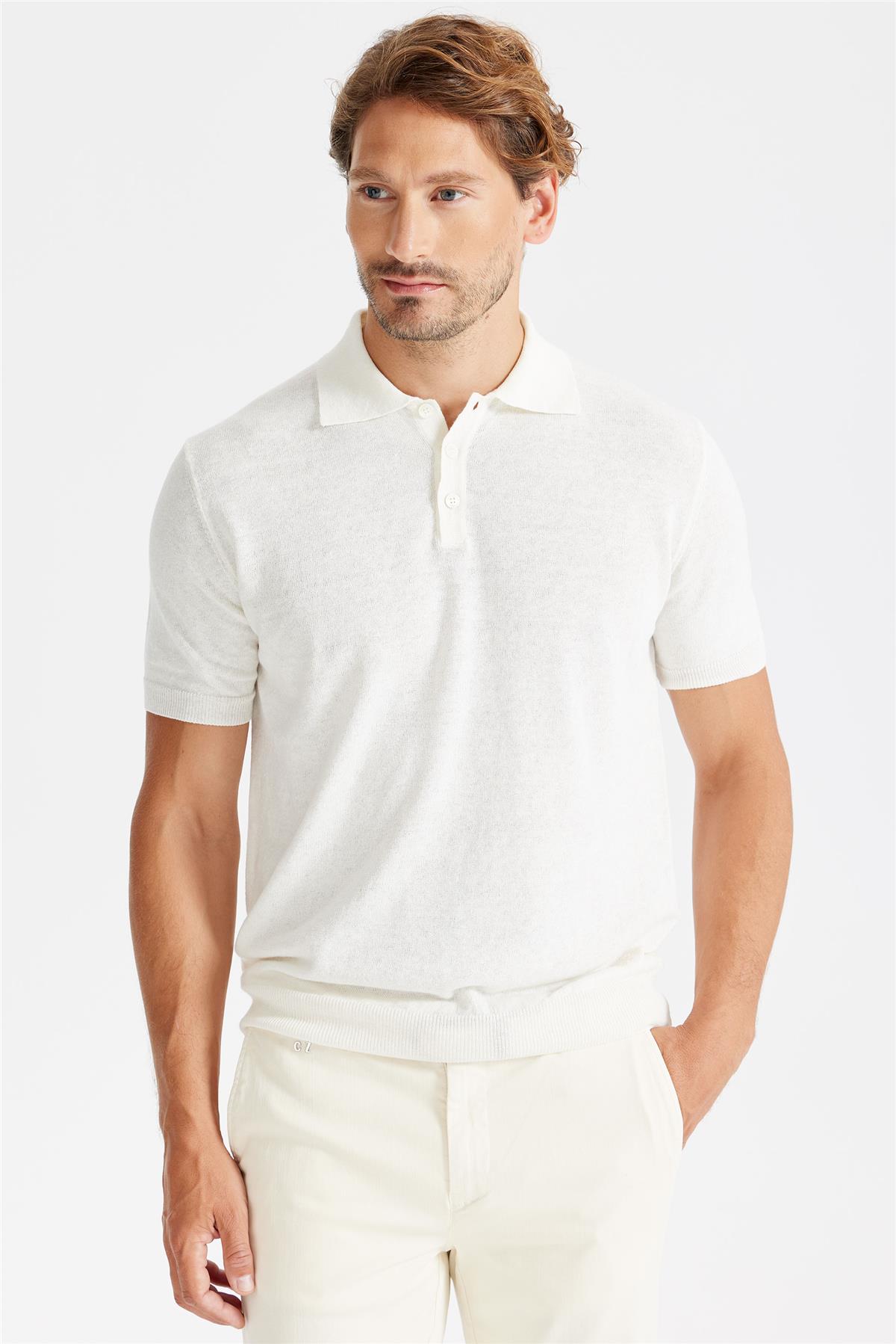 Beyaz Polo Yaka Pamuk Keten Triko - Image 2