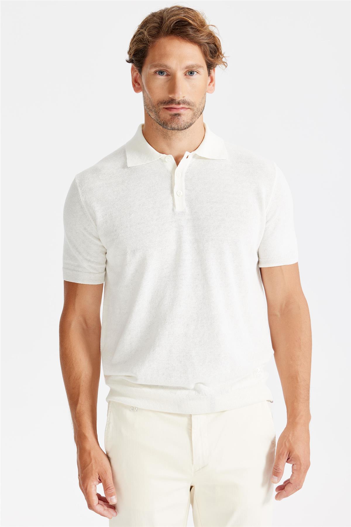 Beyaz Polo Yaka Pamuk Keten Triko - Image 1