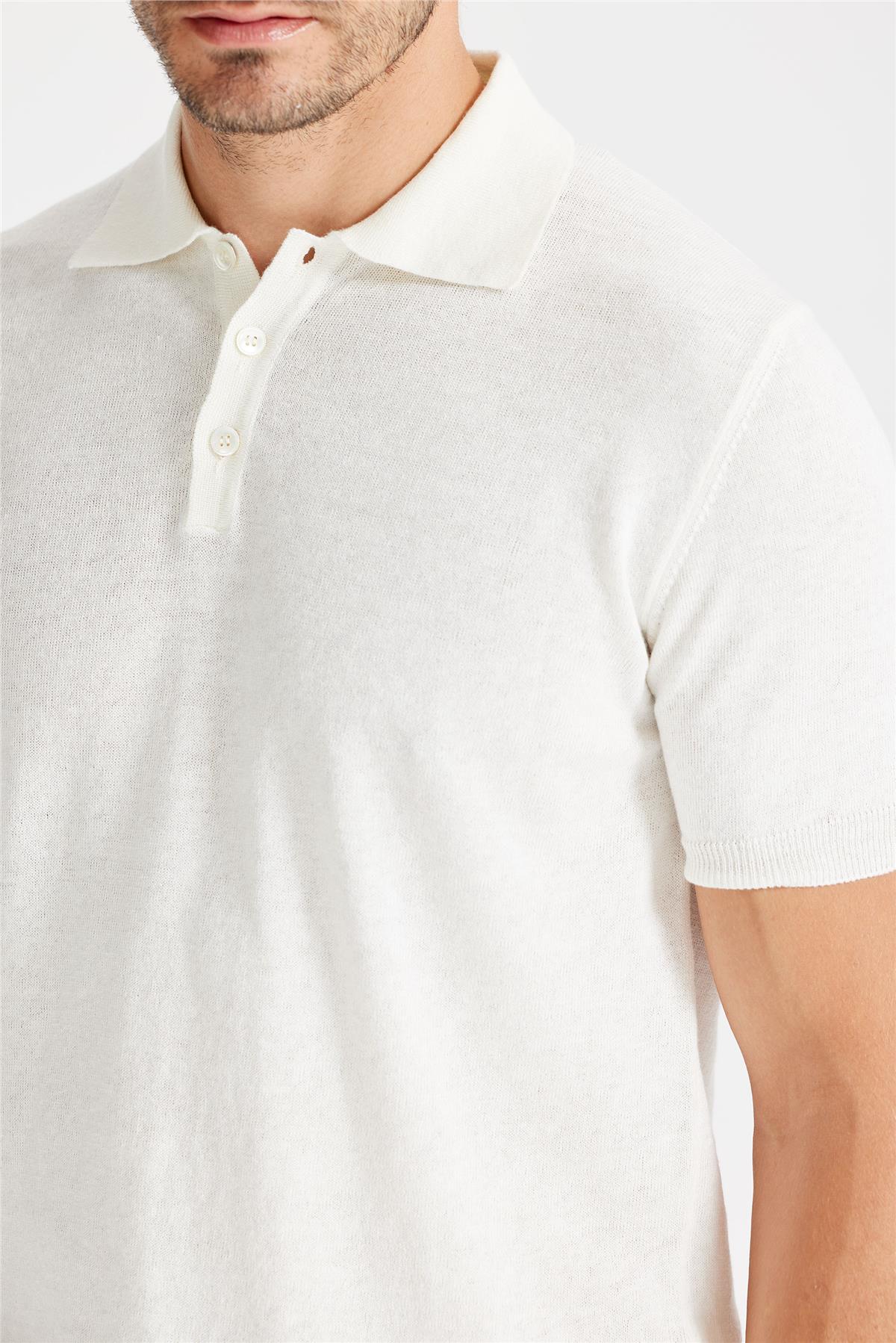 Beyaz Polo Yaka Pamuk Keten Triko - Image 5