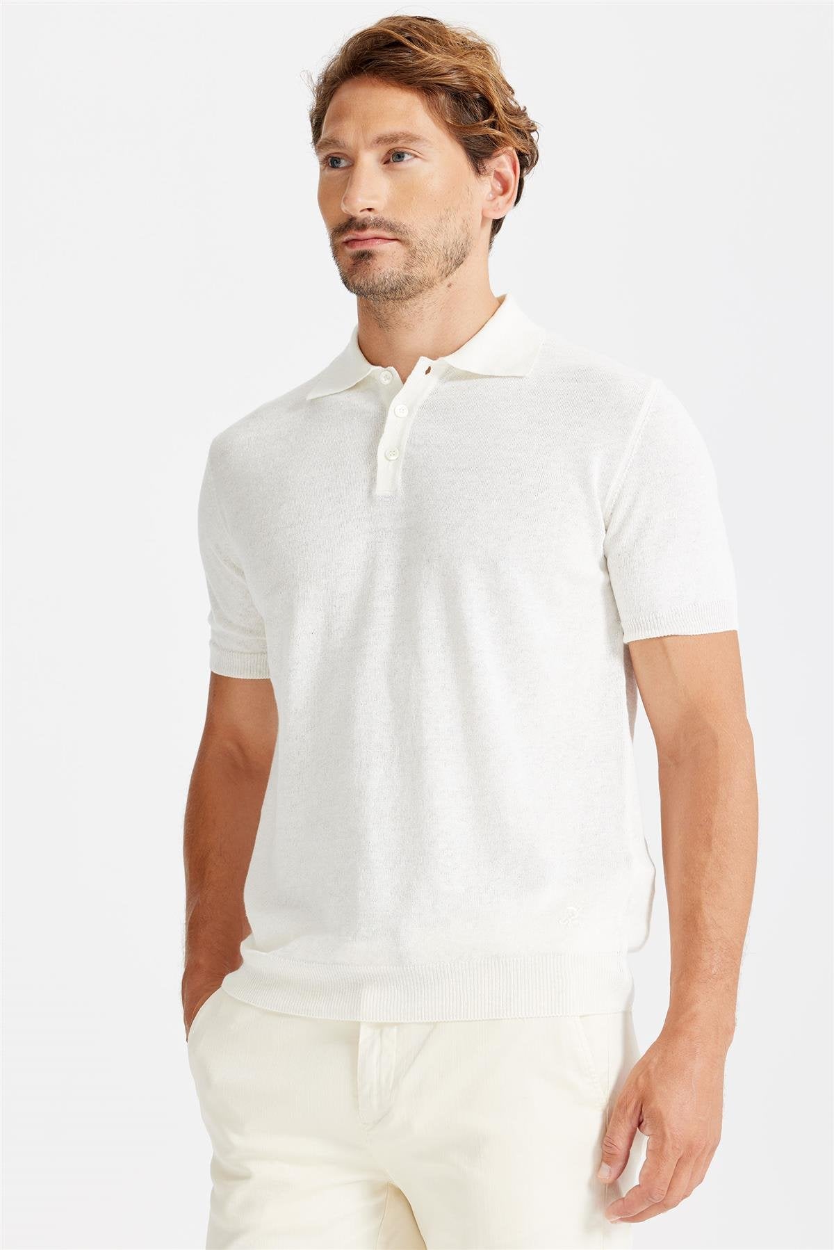 Beyaz Polo Yaka Pamuk Keten Triko - Image 4