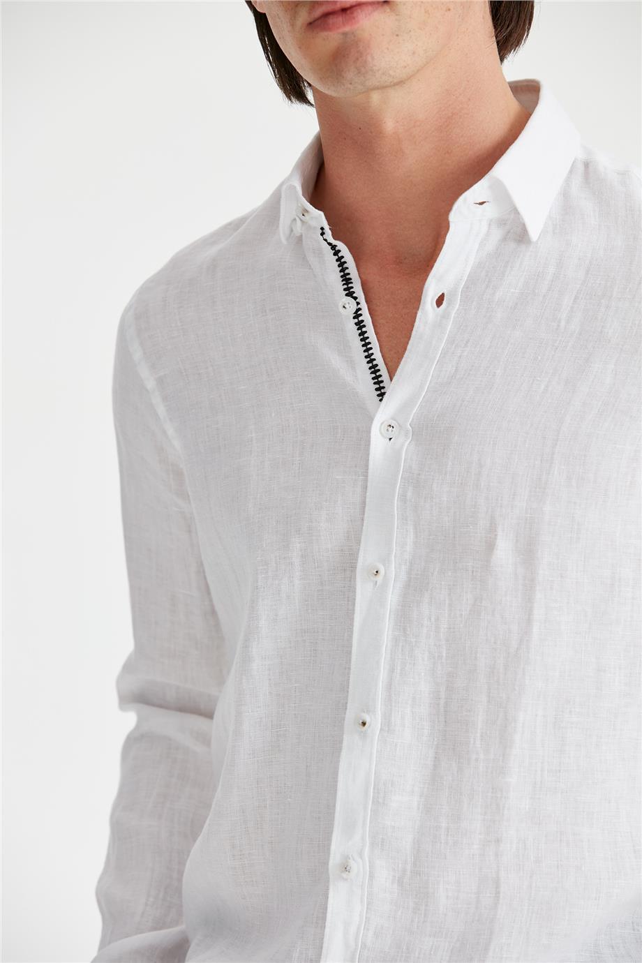 Beyaz Renk Keten Gömlek - Image 3