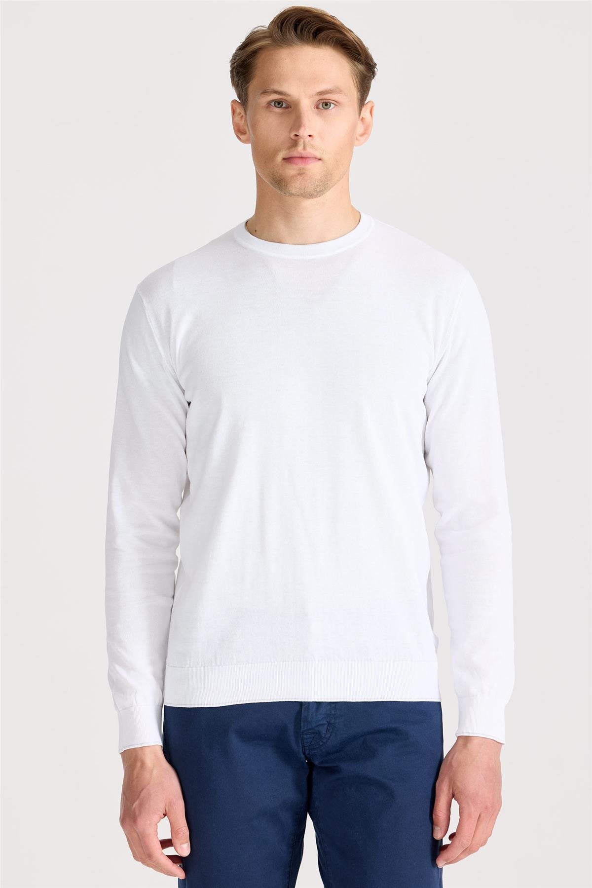 Beyaz Sıfır Yaka Pamuk Triko