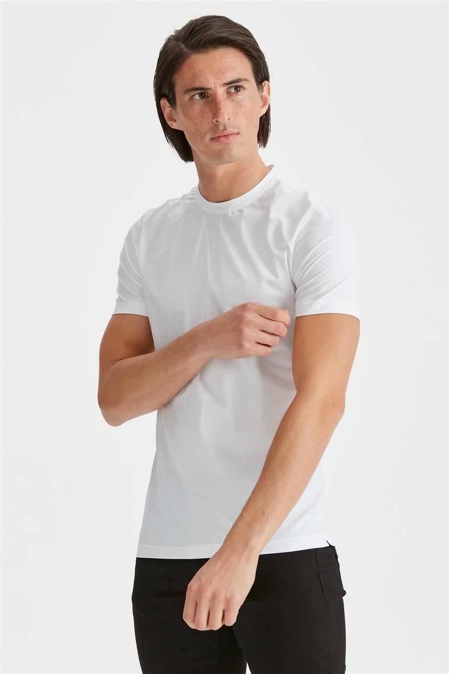 Beyaz Sıfır Yaka Teknik Kumaş T-Shirt - 3