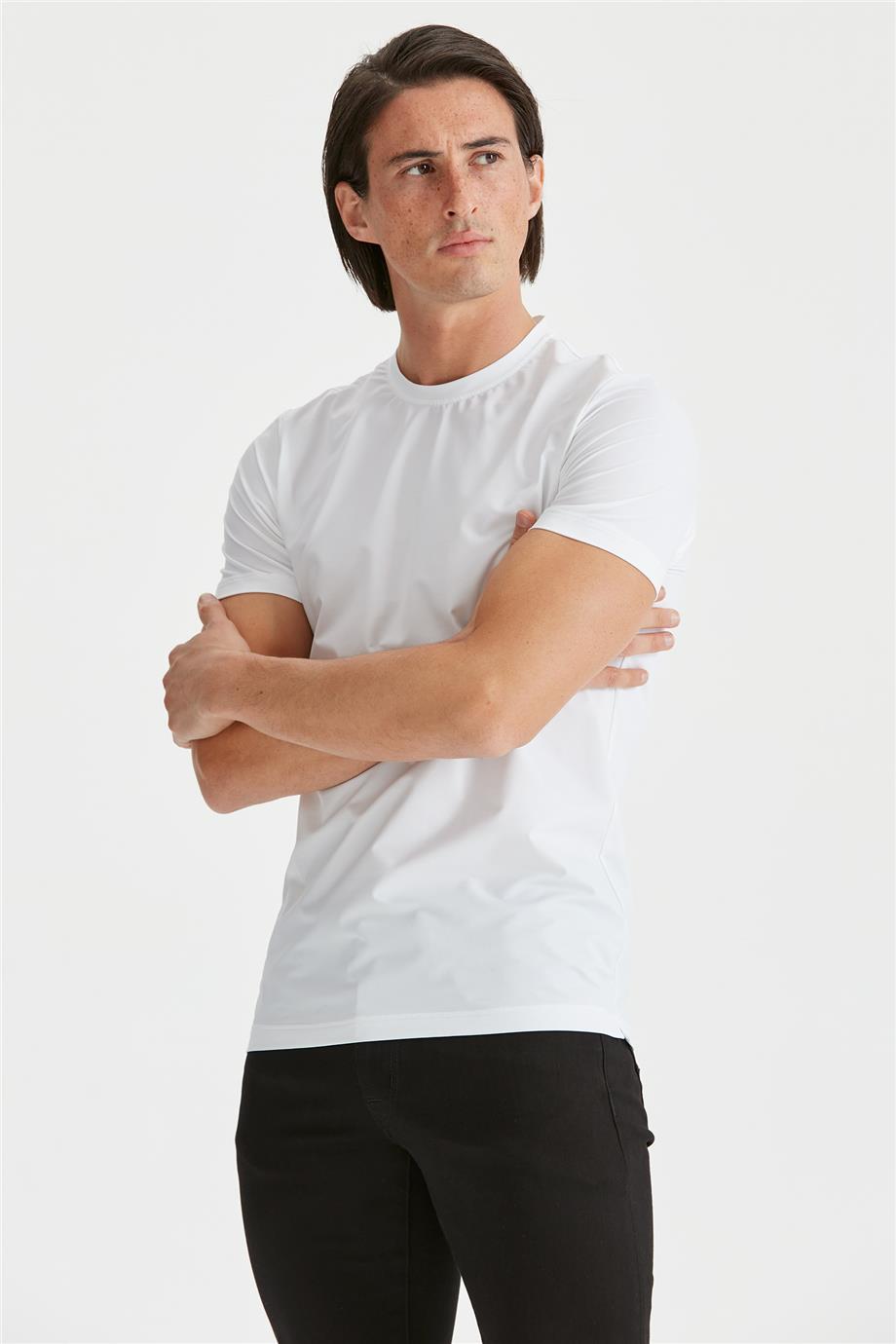 Beyaz Sıfır Yaka Teknik Kumaş T-Shirt - 4