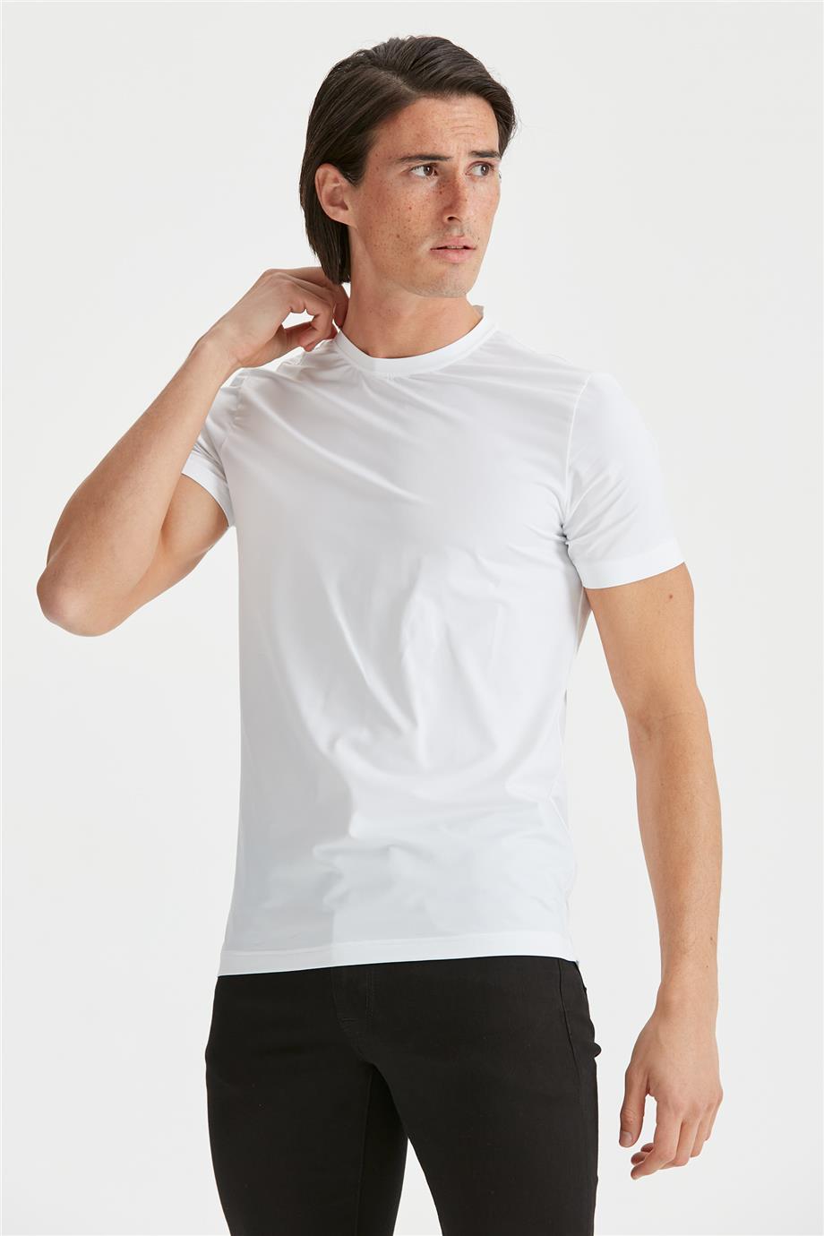 Beyaz Sıfır Yaka Teknik Kumaş T-Shirt - 5