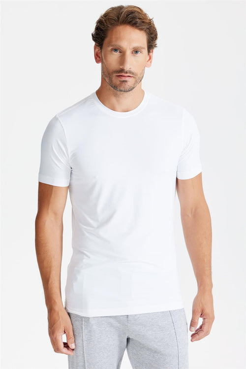 Beyaz Sıfır Yaka Vintage Teknik Kumaş T-Shirt - Image 1