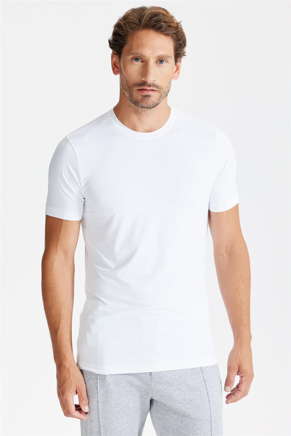 Beyaz Sıfır Yaka Vintage Teknik Kumaş T-Shirt - 1