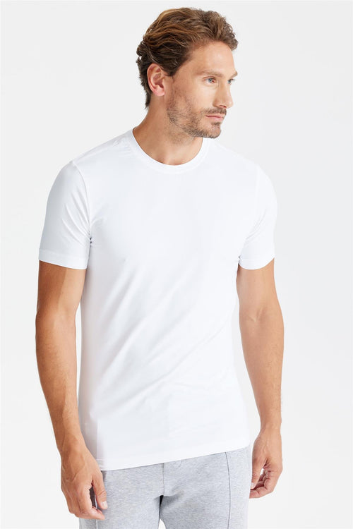 Beyaz Sıfır Yaka Vintage Teknik Kumaş T-Shirt - Image 2