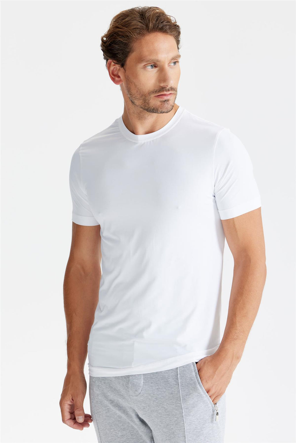 Beyaz Sıfır Yaka Vintage Teknik Kumaş T-Shirt - 5