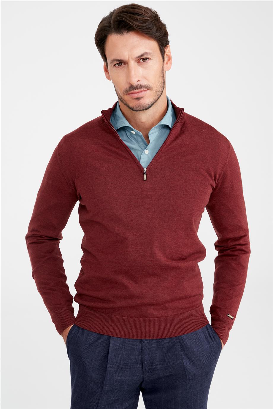 Bordo Fermuarlı Yarım Balıkçı Yaka Yün Triko - Image 1
