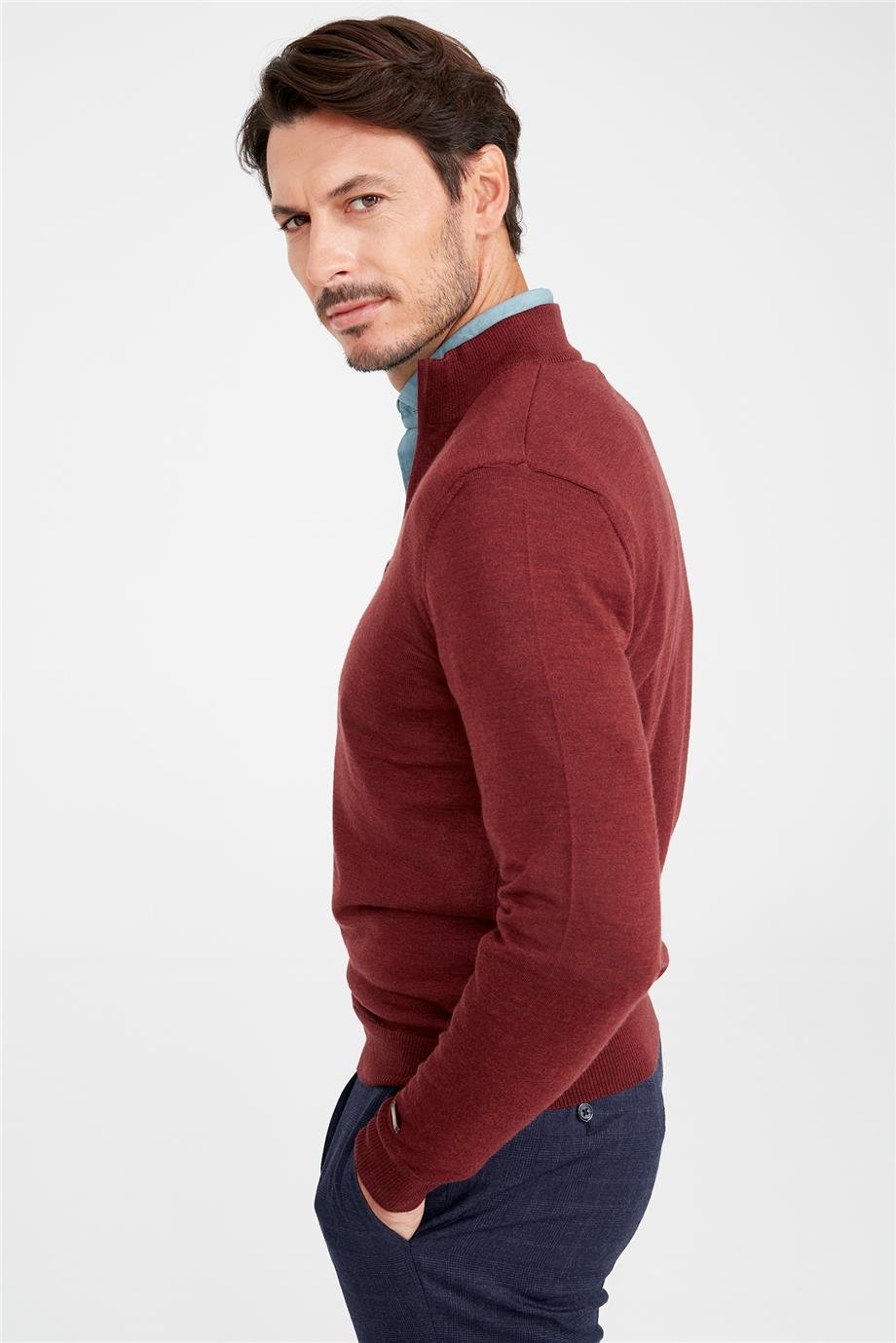 Bordo Fermuarlı Yarım Balıkçı Yaka Yün Triko - Image 5