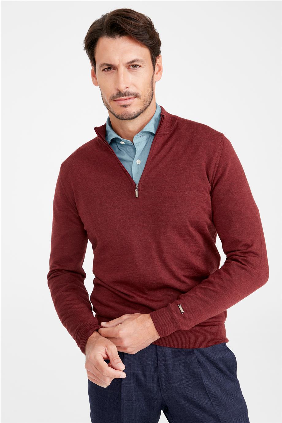 Bordo Fermuarlı Yarım Balıkçı Yaka Yün Triko - Image 4