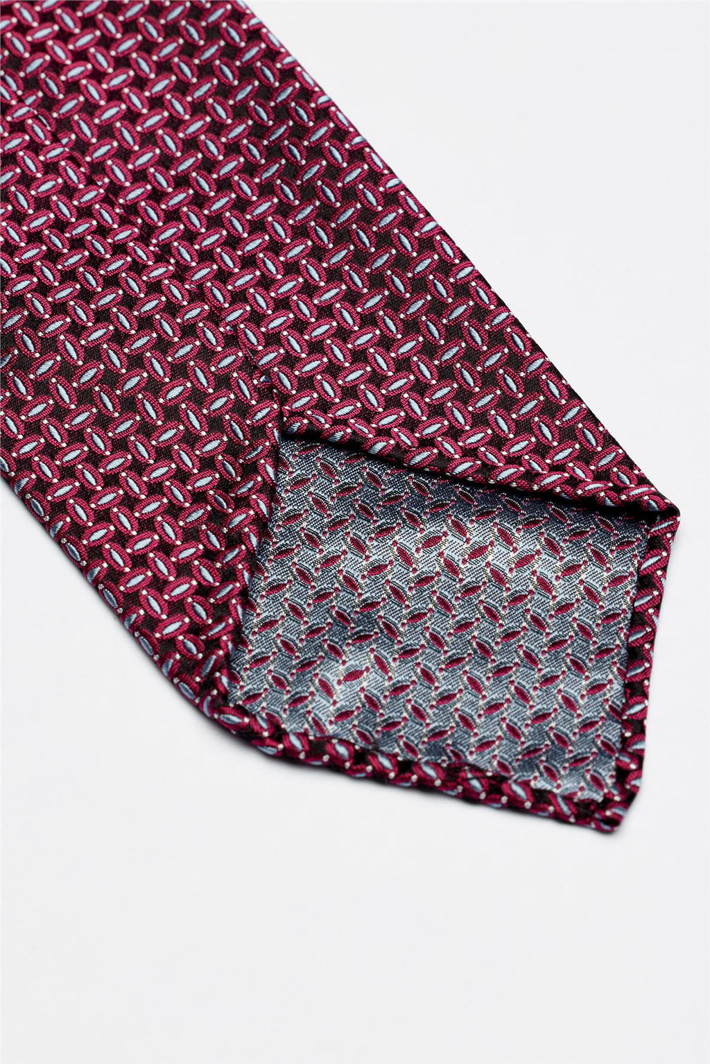 Bordo Mavi Desenli Astarsız İpek Kravat - Image 4