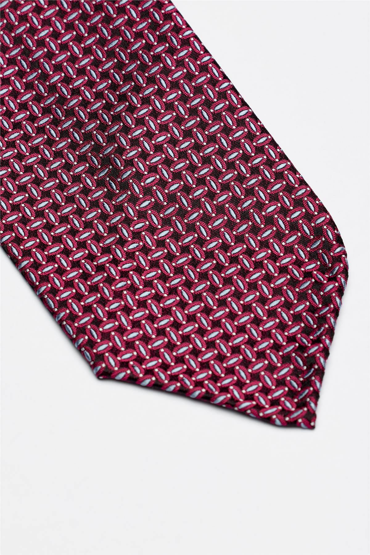 Bordo Mavi Desenli Astarsız İpek Kravat - Image 3