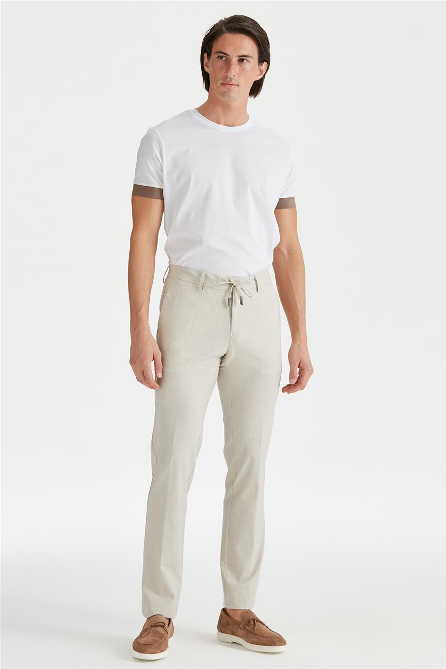 Ekru Beli Bağcıklı Erkek Pantolon - 1