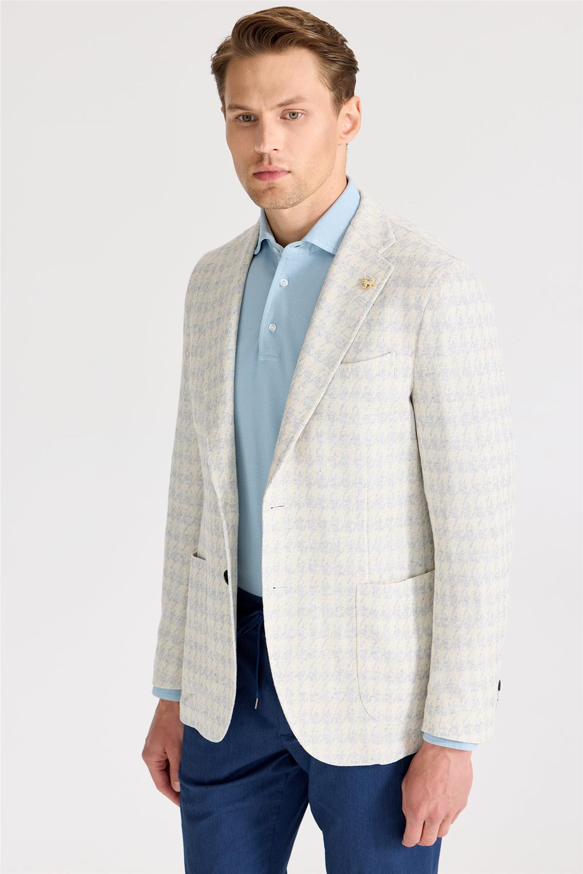 Ekru Mavi Desenli Pamuk Keten Ceket - Image 5