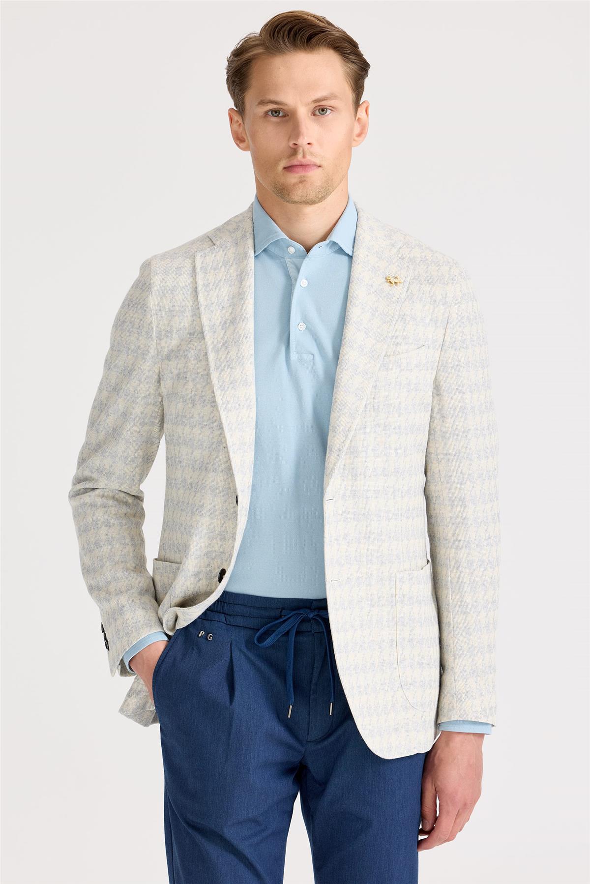 Ekru Mavi Desenli Pamuk Keten Ceket - Image 3