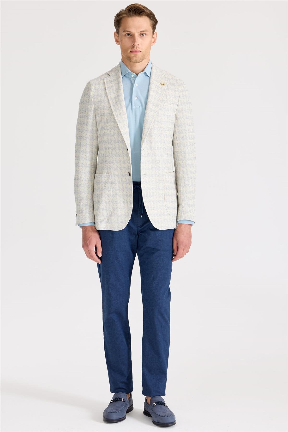 Ekru Mavi Desenli Pamuk Keten Ceket - Image 1