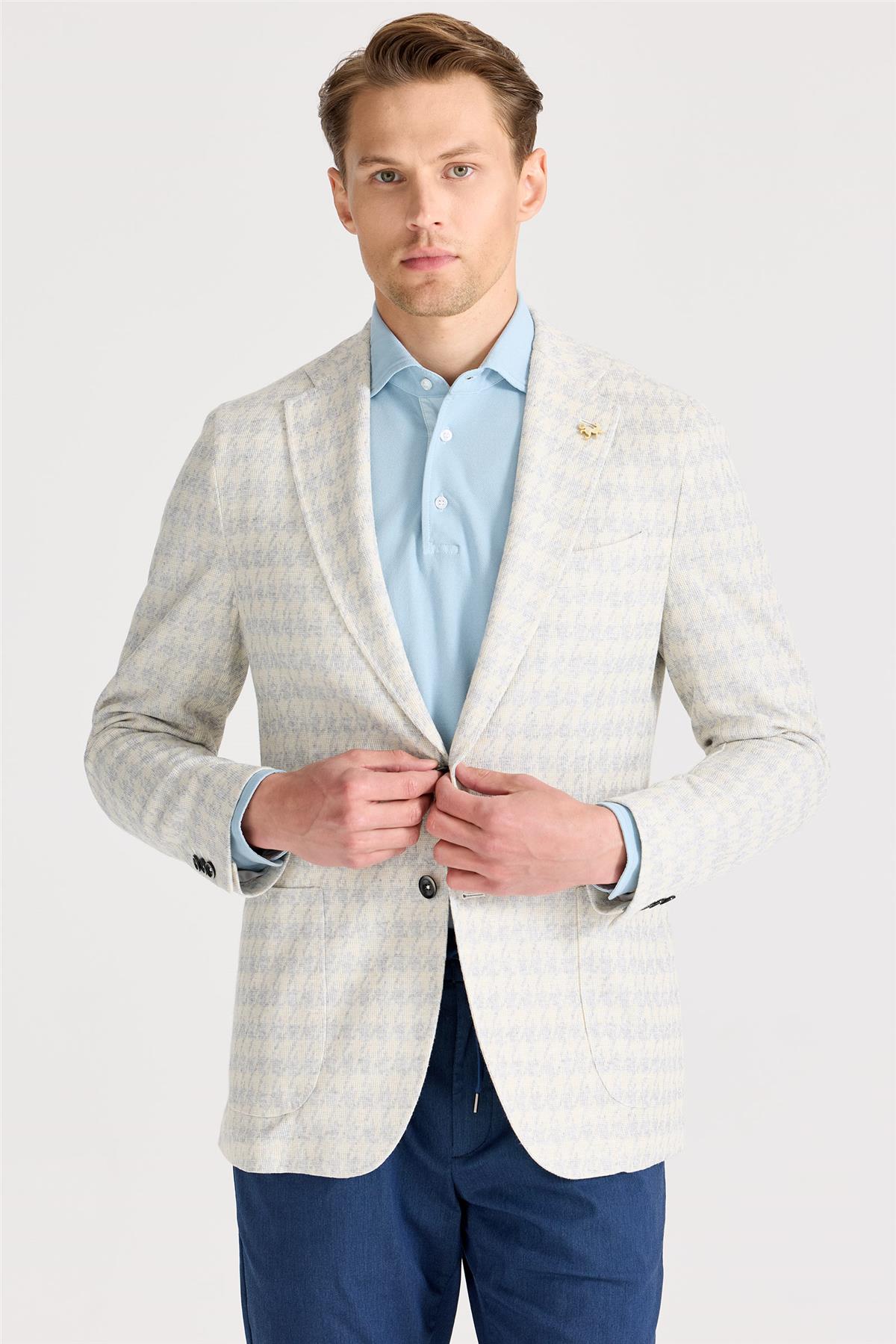 Ekru Mavi Desenli Pamuk Keten Ceket - Image 4