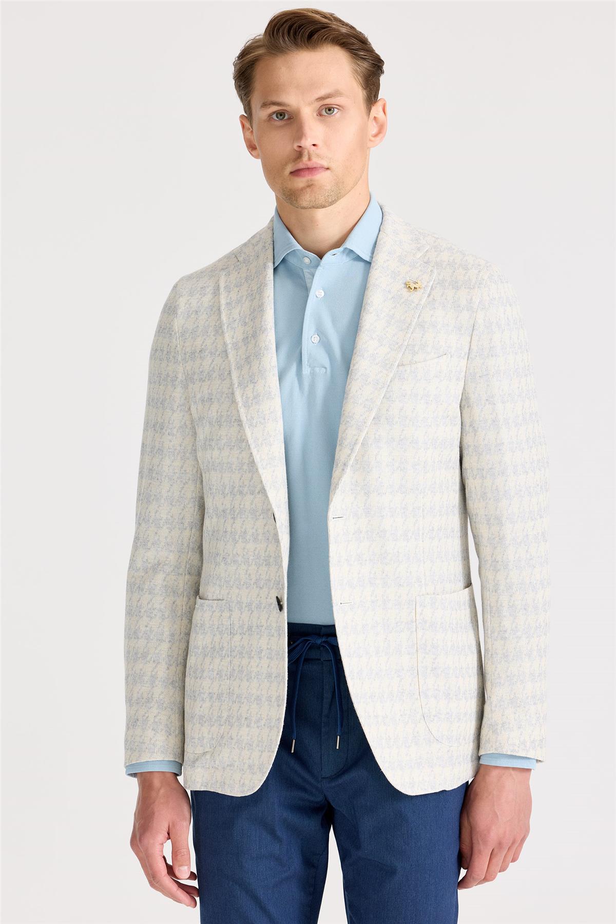 Ekru Mavi Desenli Pamuk Keten Ceket - Image 2