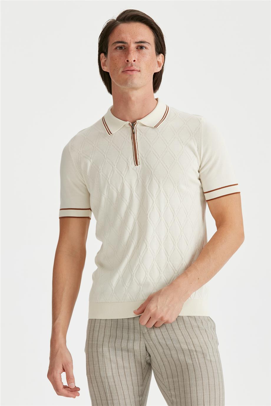 Ekru Polo Yaka Erkek Pamuk Triko - Image 1