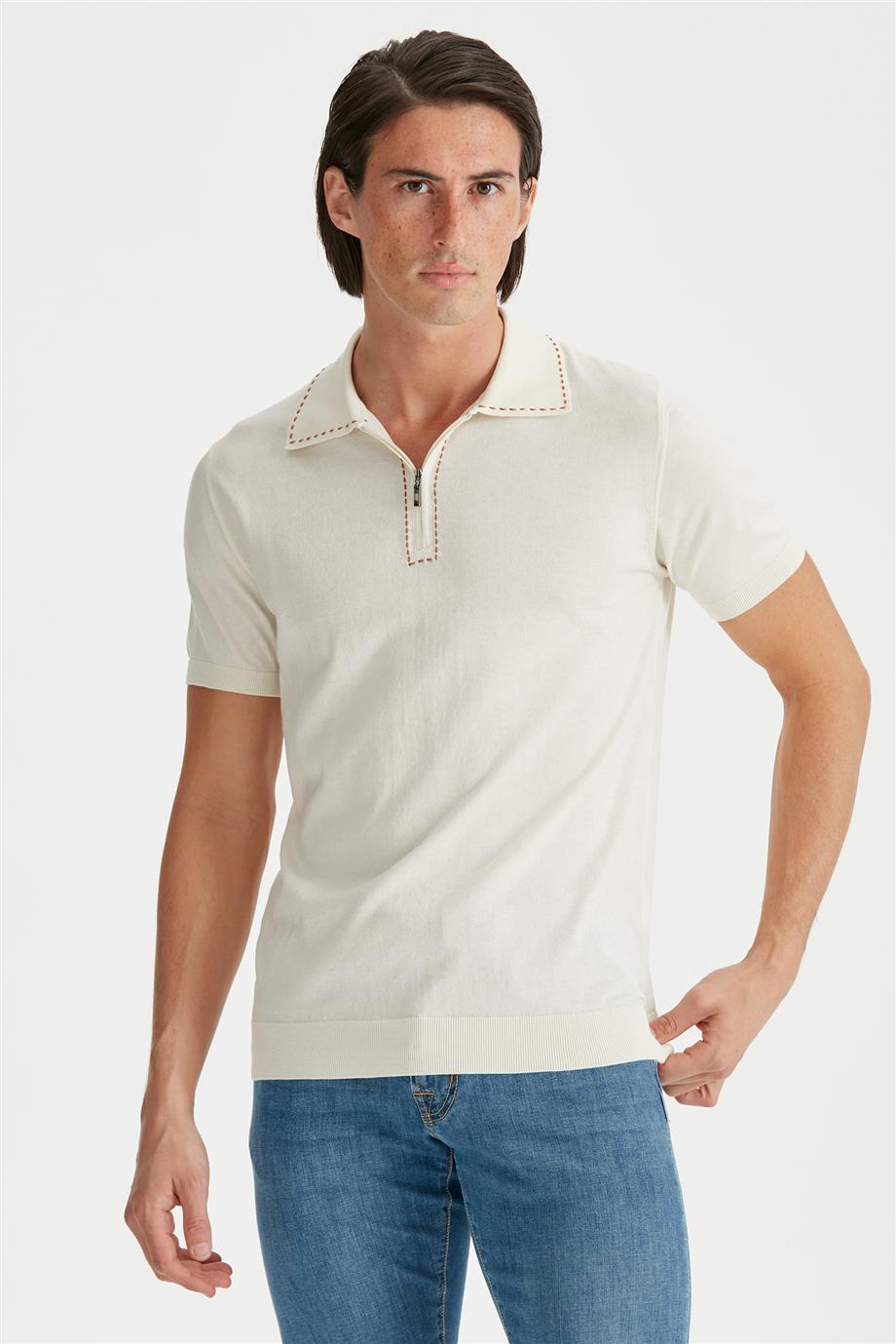 Ekru Polo Yaka Pamuk Triko - Image 1