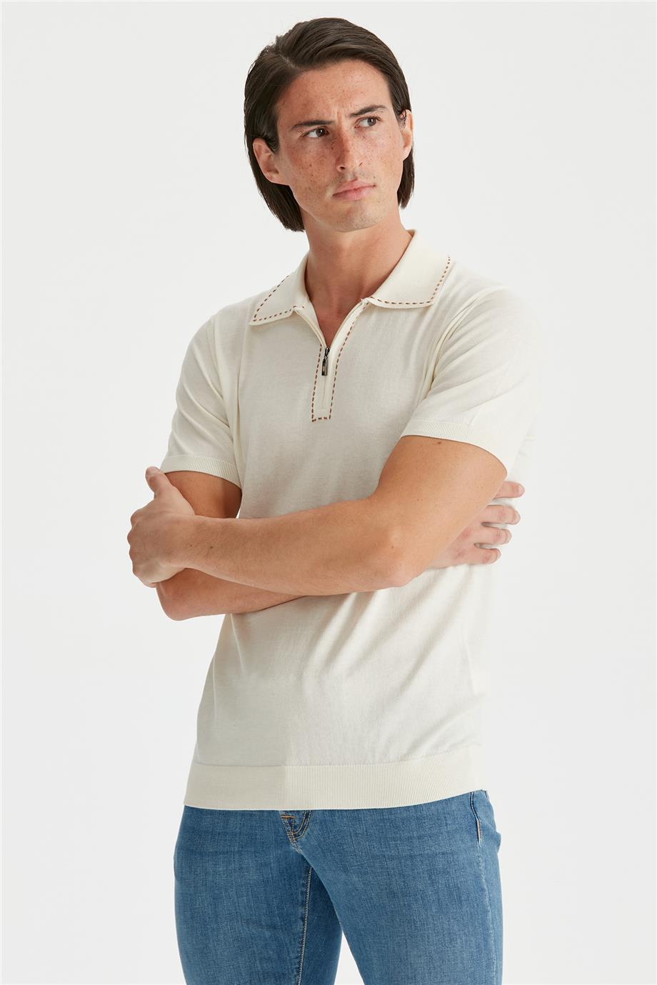 Ekru Polo Yaka Pamuk Triko - Image 3