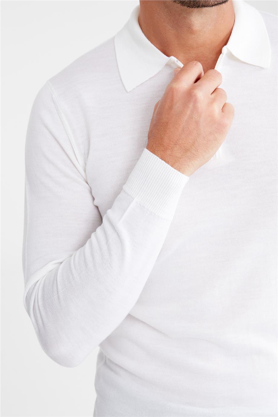 Ekru Polo Yaka Yün Triko