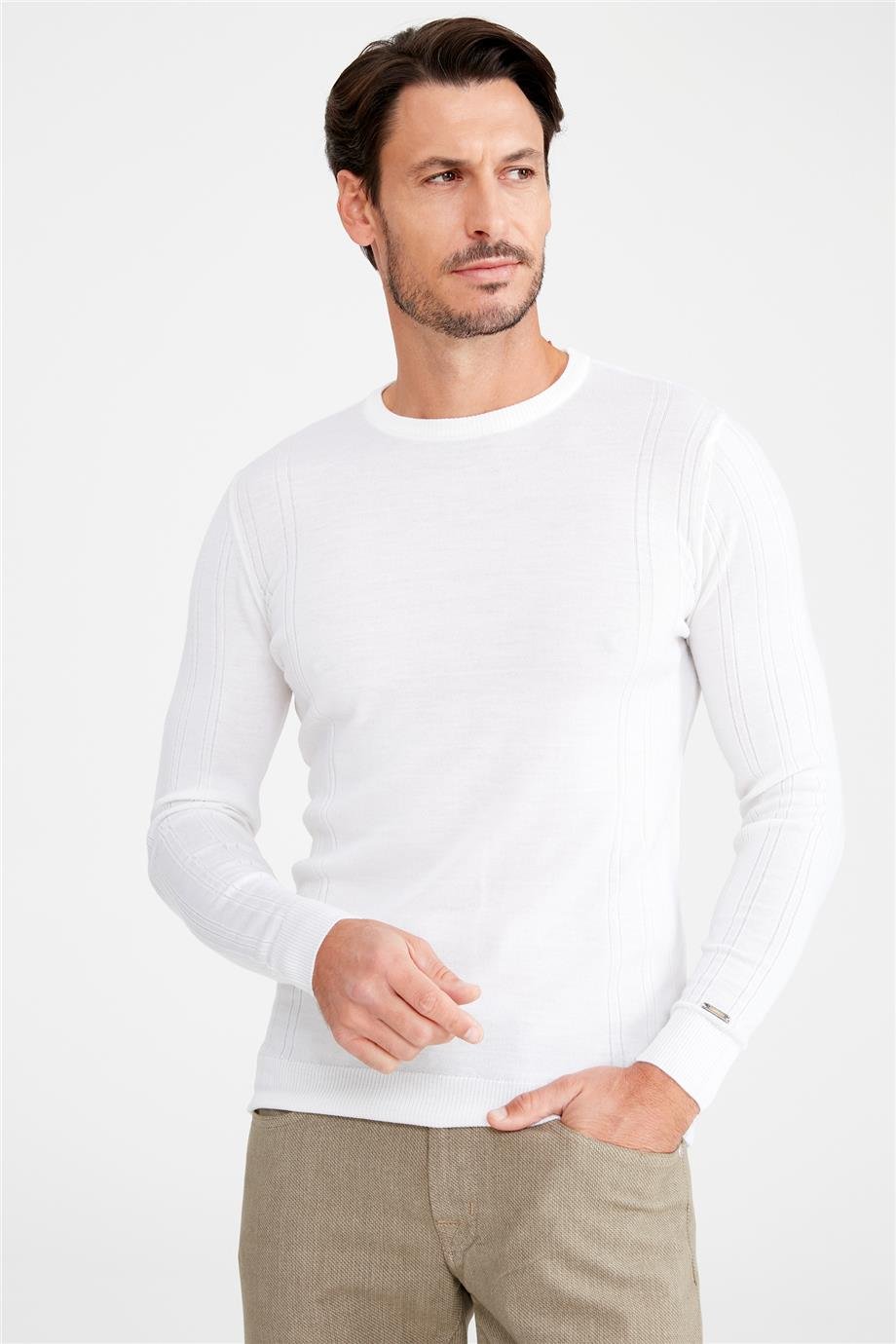 Ekru Sıfır Yaka Yün Triko - Image 5