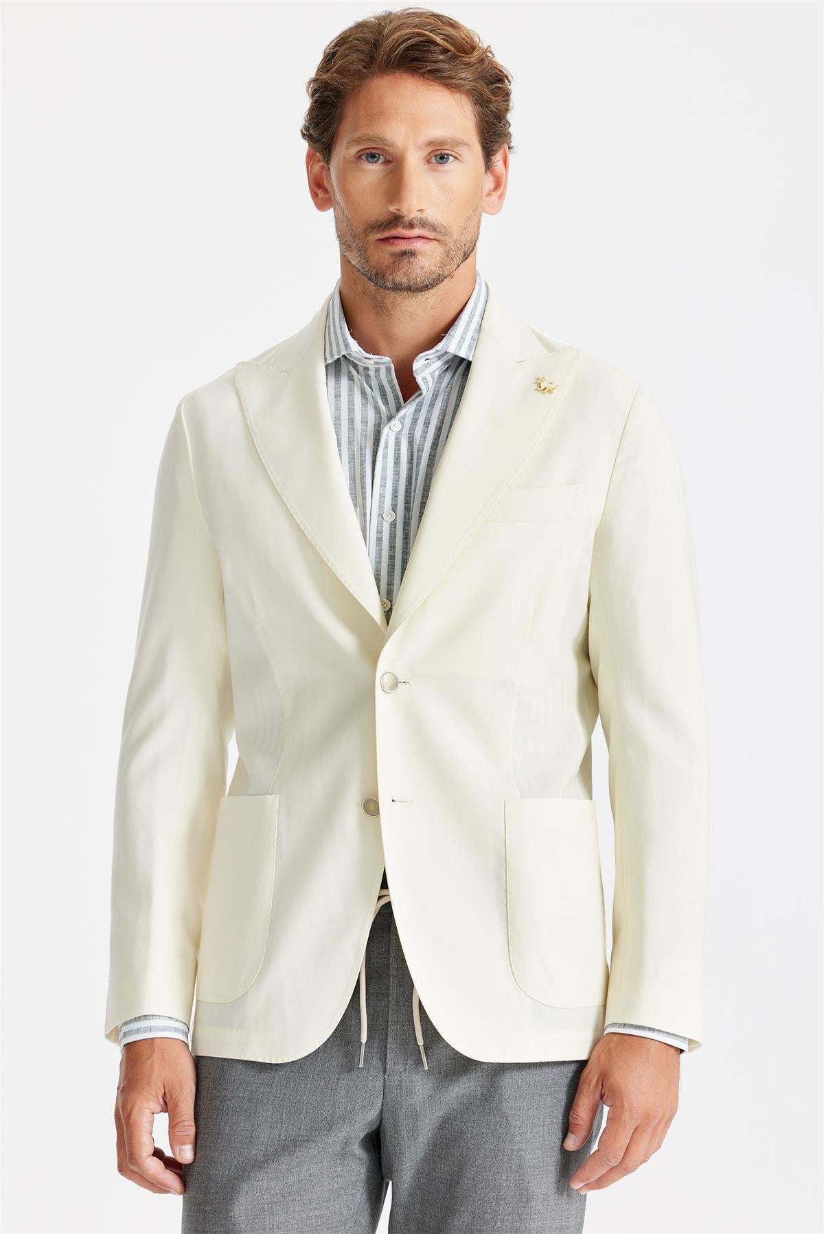 Ekru Yün Keten Blazer - 1