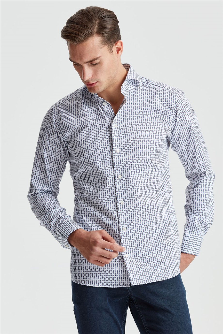 Eton Mavi Mor Desenli Erkek Gömlek - Image 4