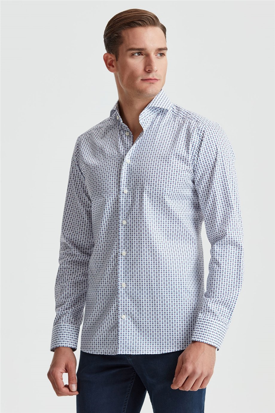 Eton Mavi Mor Desenli Erkek Gömlek - Image 1