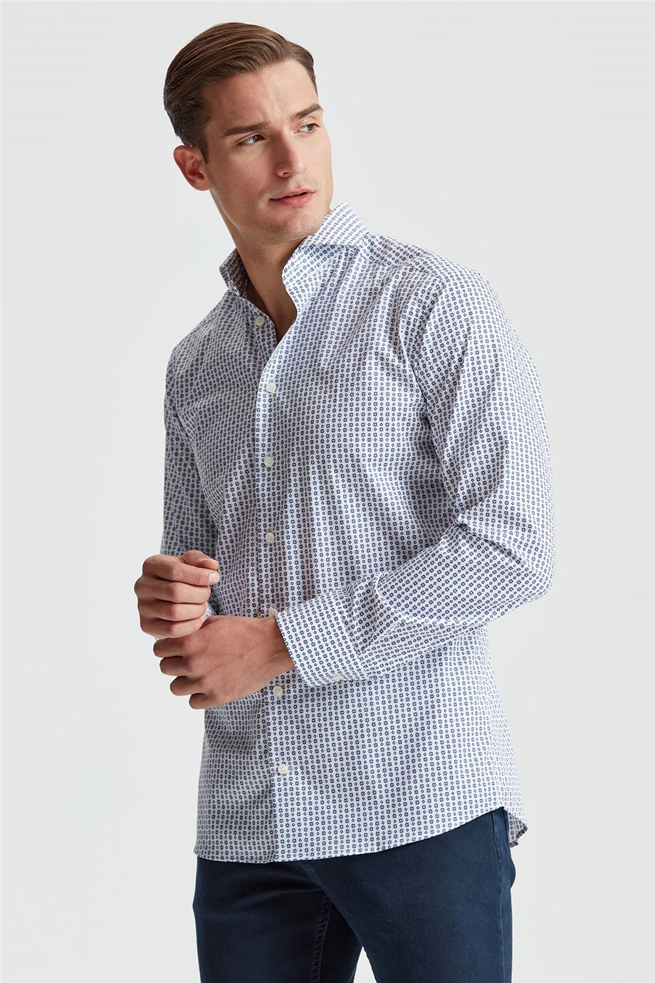 Eton Mavi Mor Desenli Erkek Gömlek - Image 3