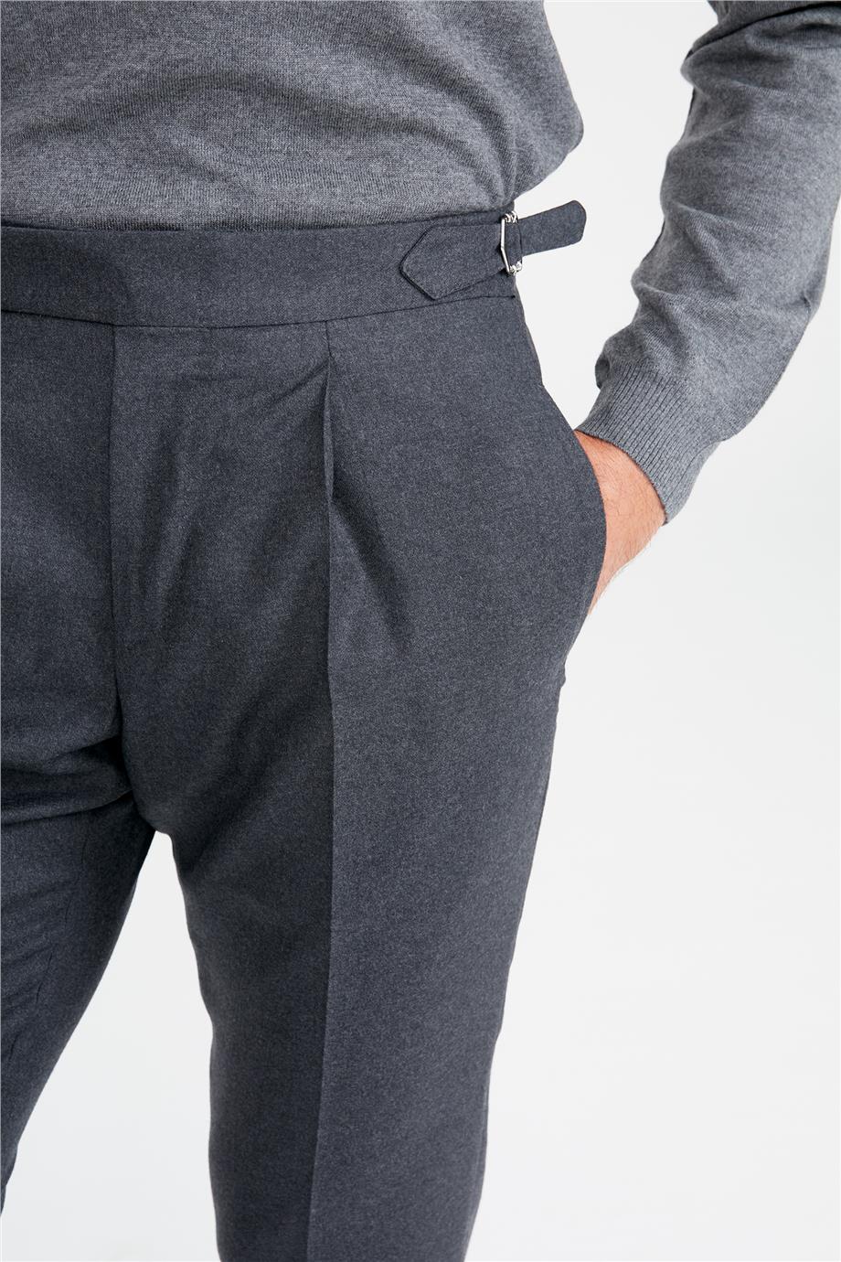 Füme Kemersiz Pileli Yün Pantolon - Image 3