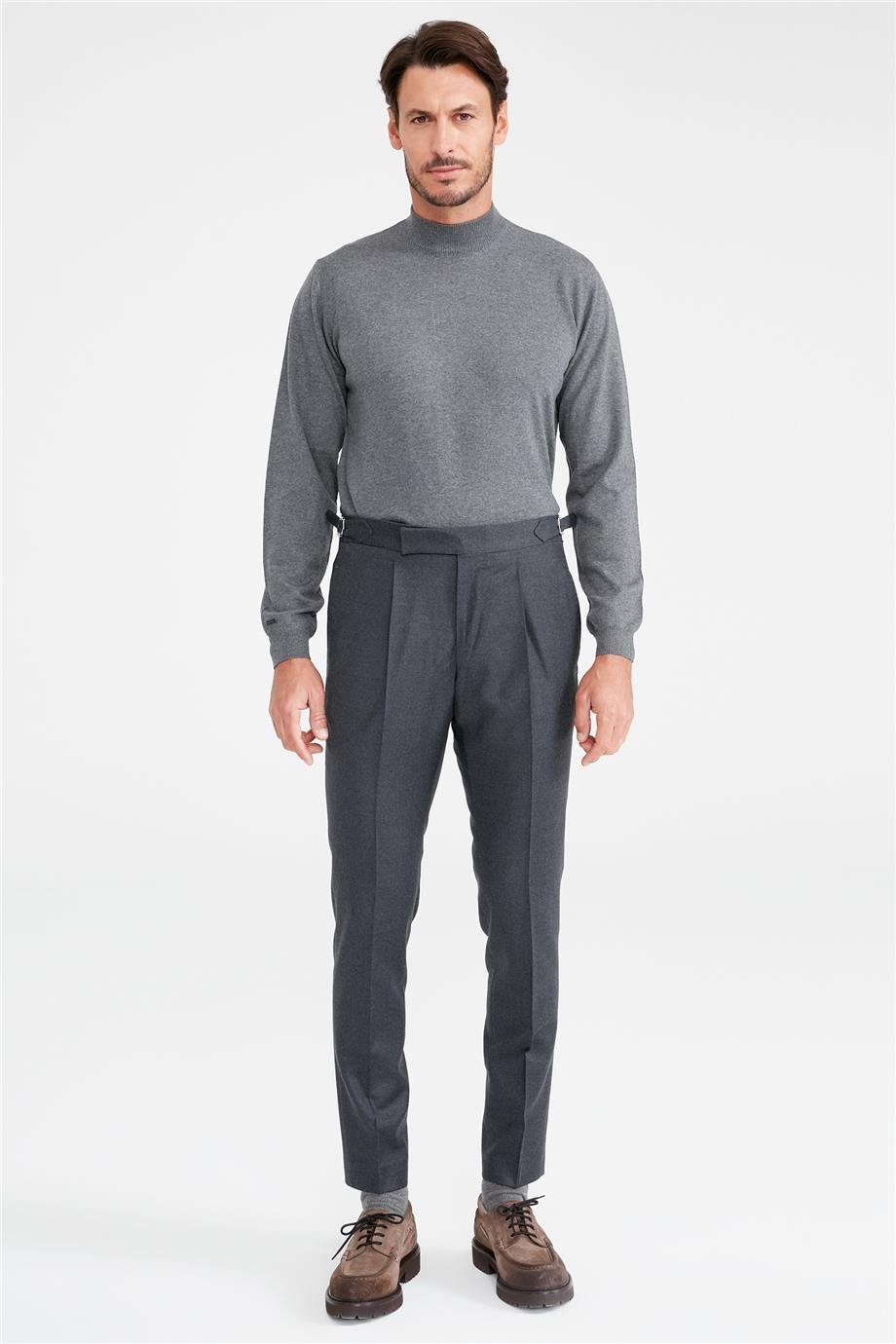 Füme Kemersiz Pileli Yün Pantolon - Image 4