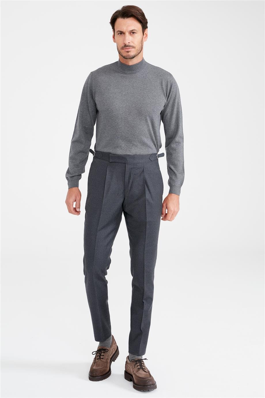 Füme Kemersiz Pileli Yün Pantolon - Image 1