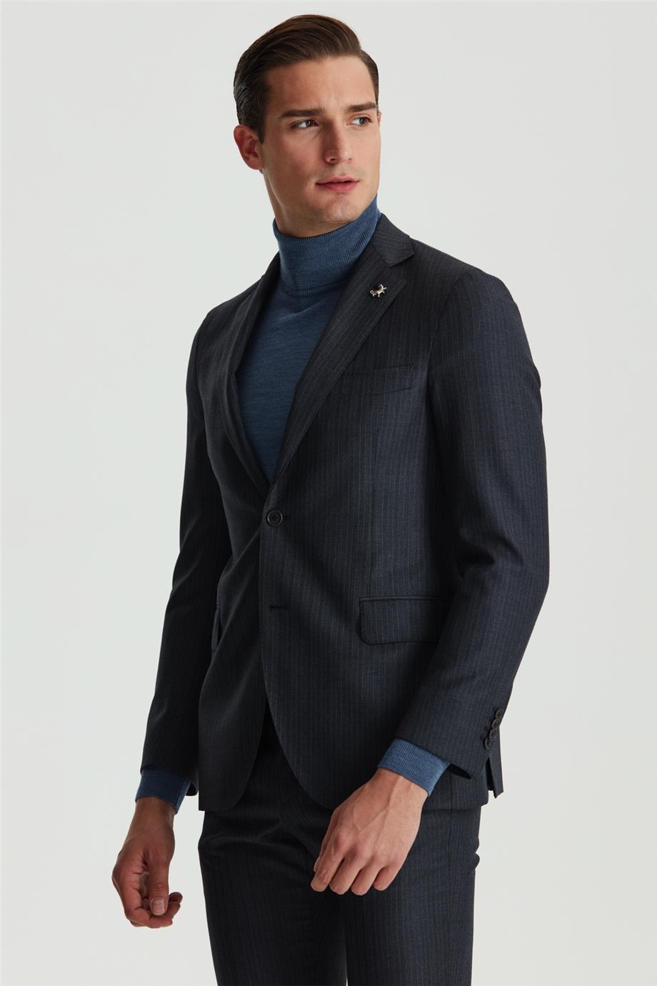 Füme Renk Mavi Çizgili Yün Takım Elbise - Image 4