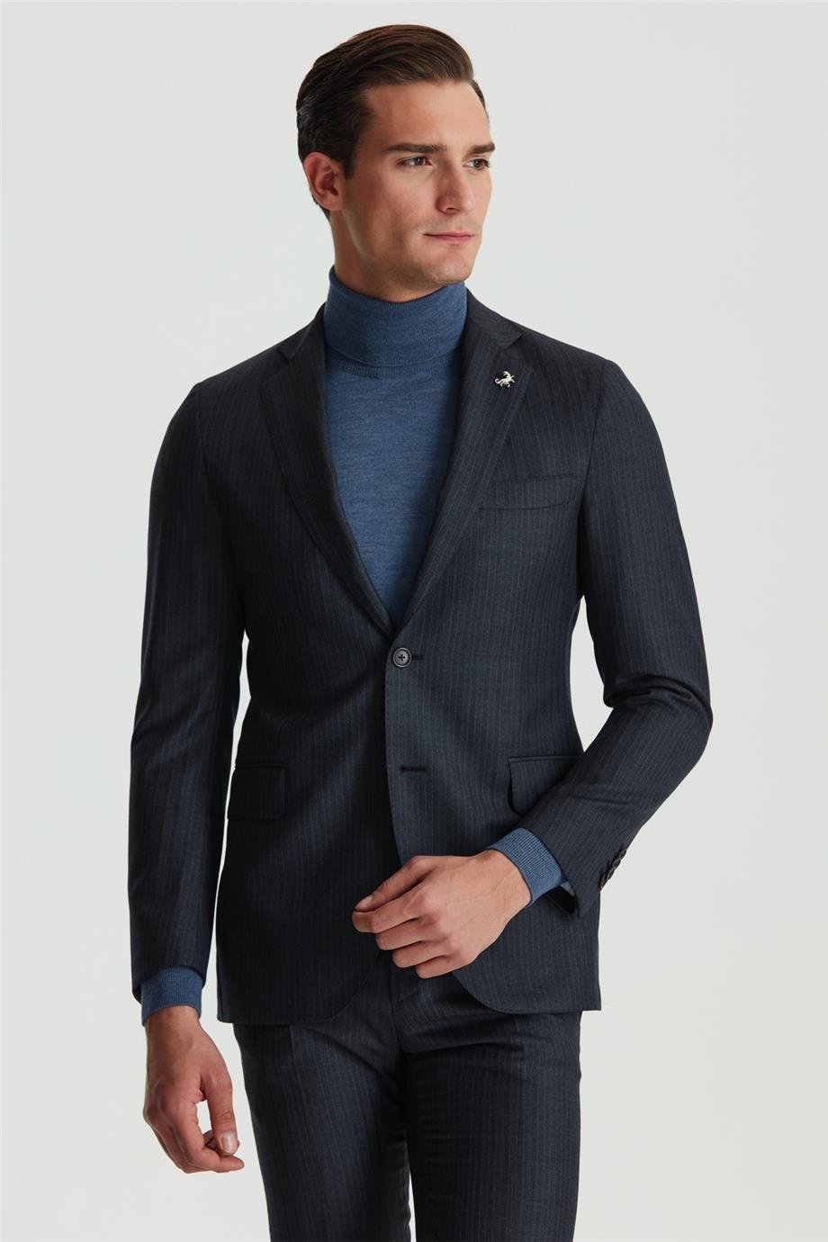 Füme Renk Mavi Çizgili Yün Takım Elbise - Image 5