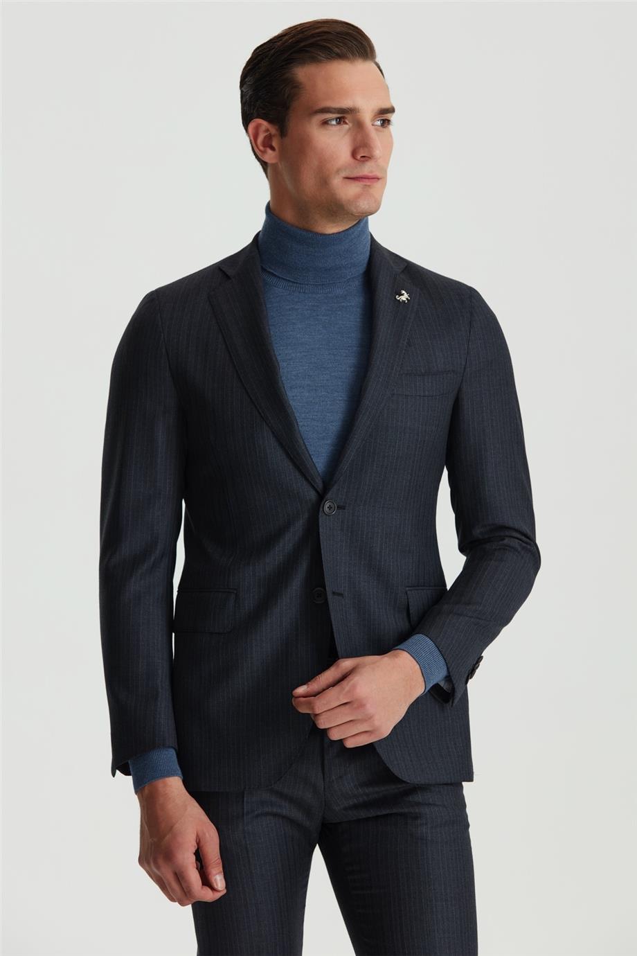 Füme Renk Mavi Çizgili Yün Takım Elbise - Image 2