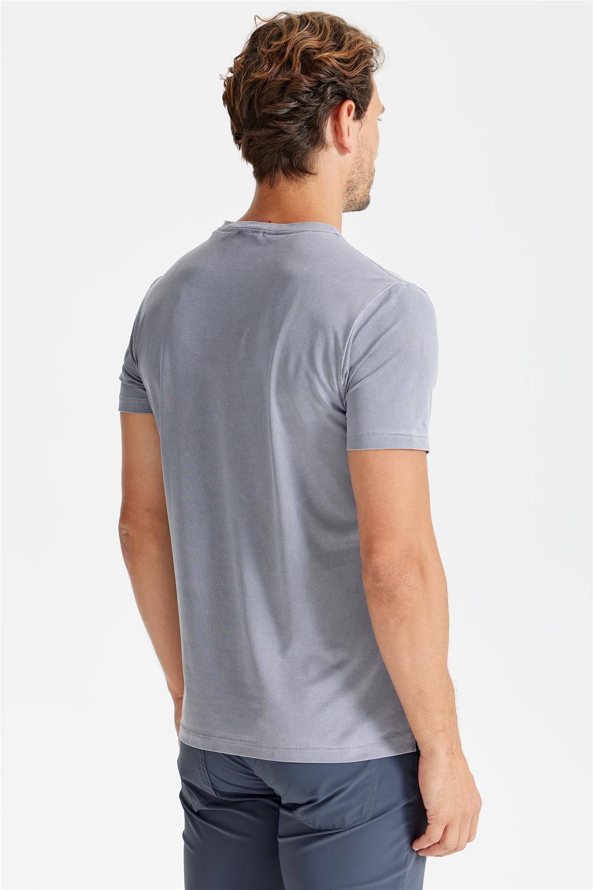 Füme Sıfır Yaka Oxford Teknik Kumaş T-Shirt - 6
