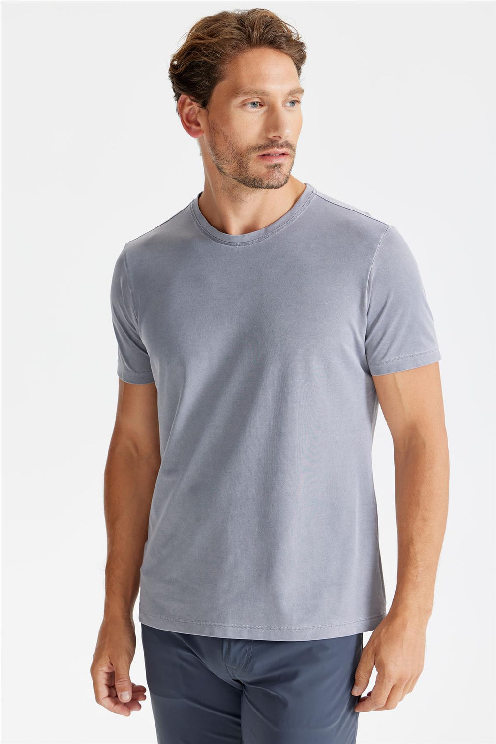 Füme Sıfır Yaka Oxford Teknik Kumaş T-Shirt - 3