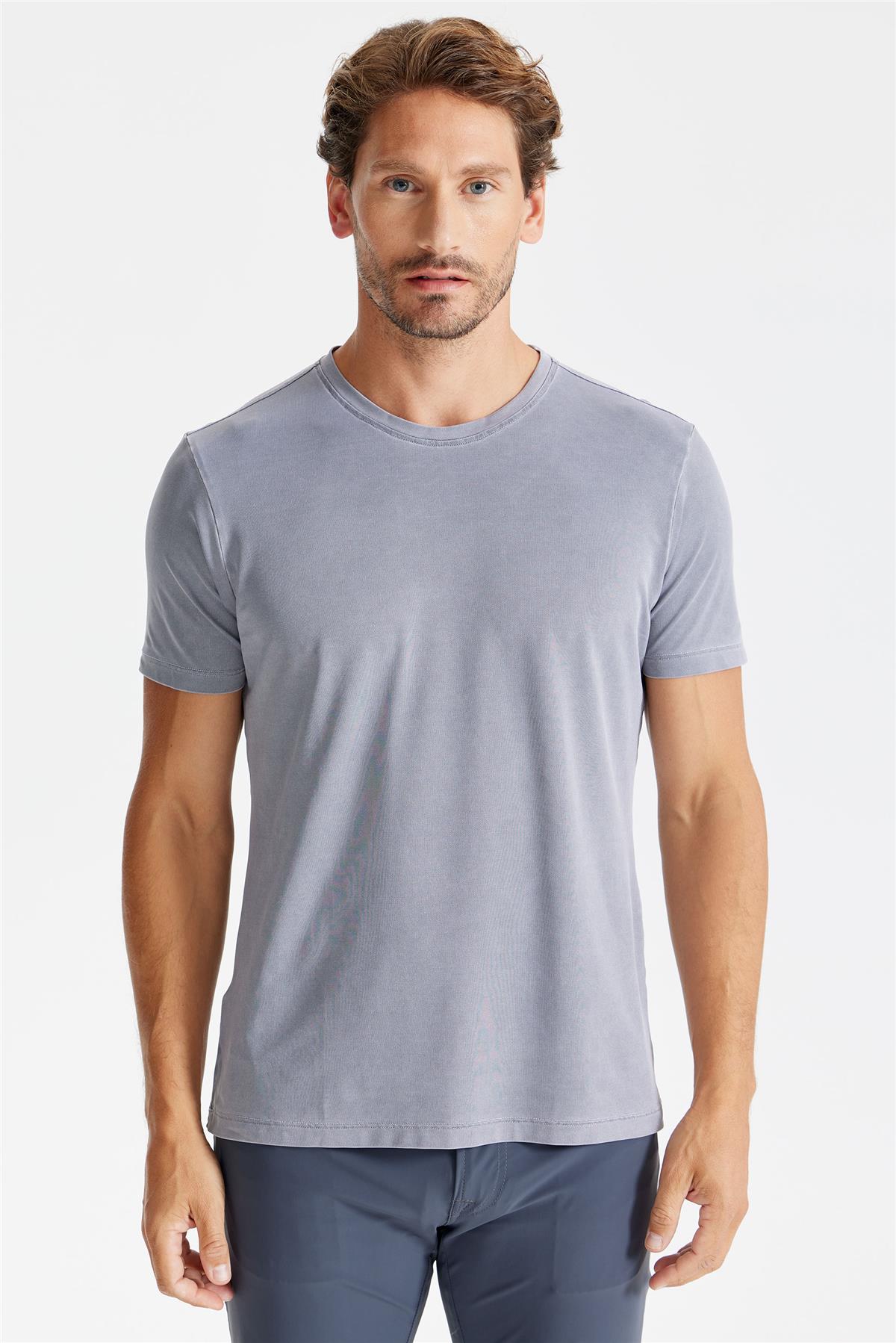 Füme Sıfır Yaka Oxford Teknik Kumaş T-Shirt
