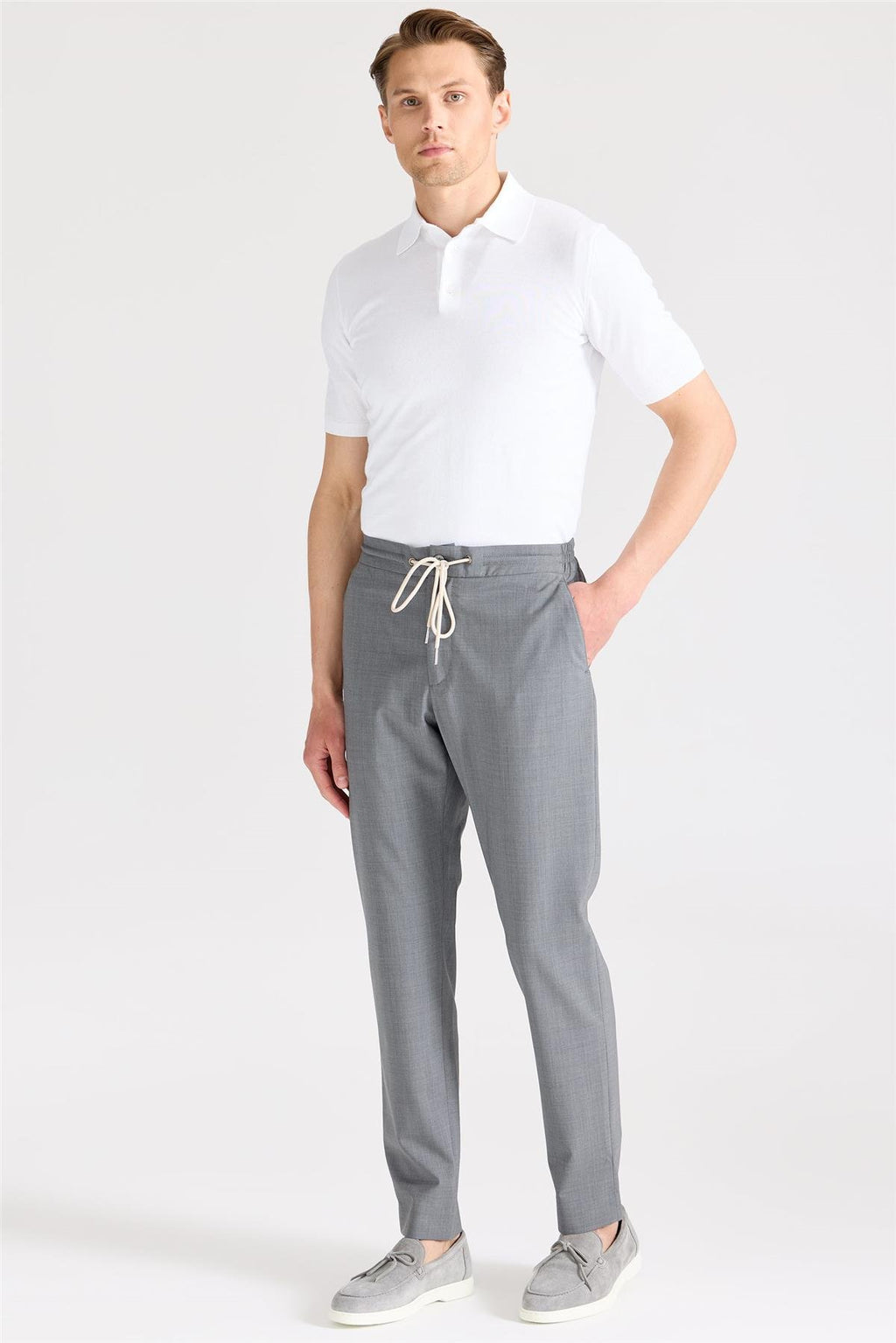 Gri Bağcıklı Yün Pantolon - Image 1