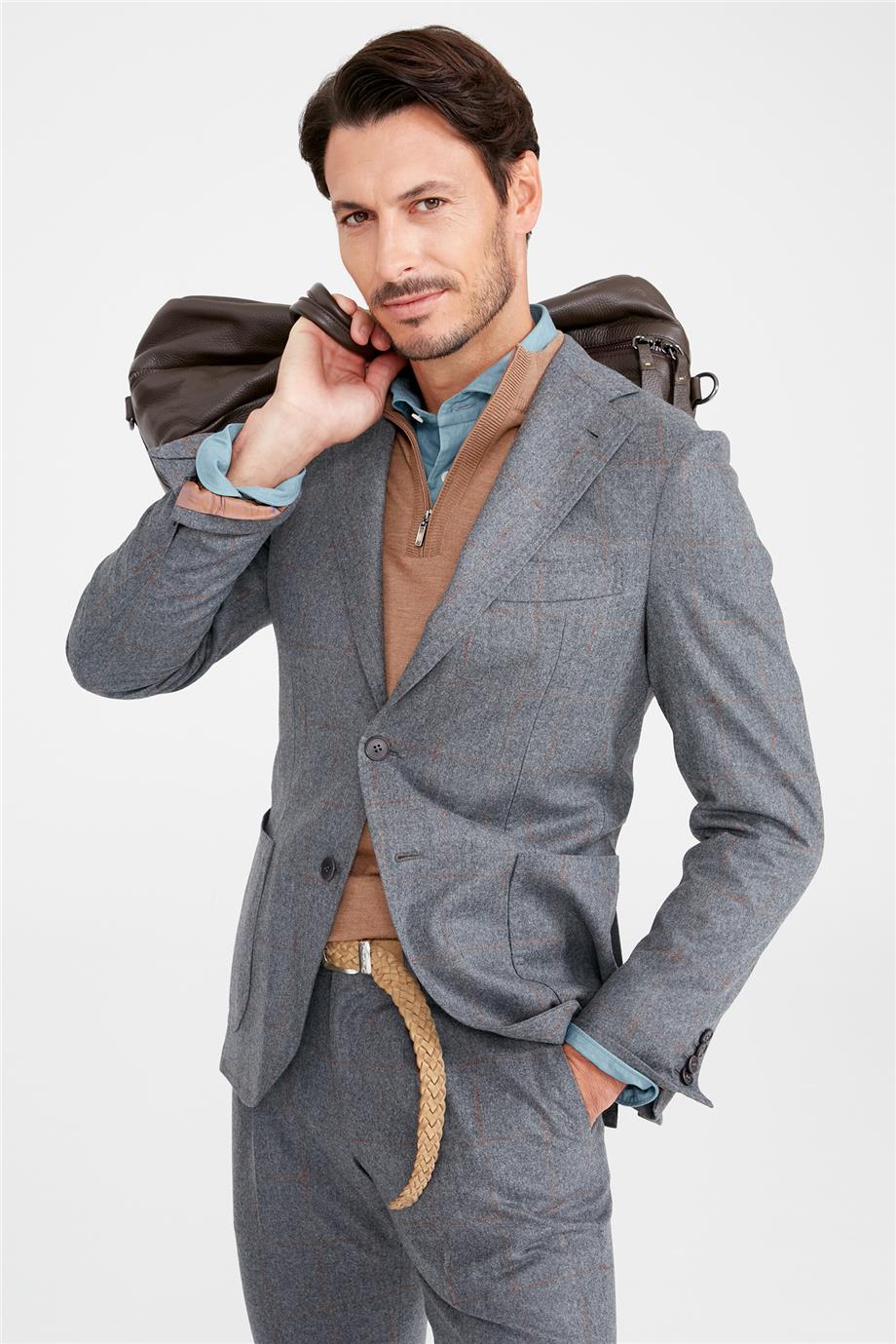 Gri Bakır Kareli Yün Takım Elbise - Image 3