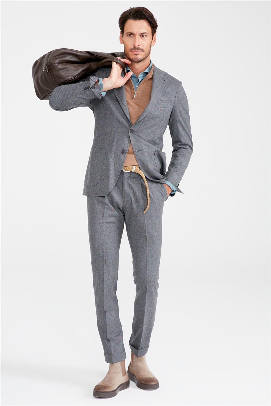 Gri Bakır Kareli Yün Takım Elbise - Image 2